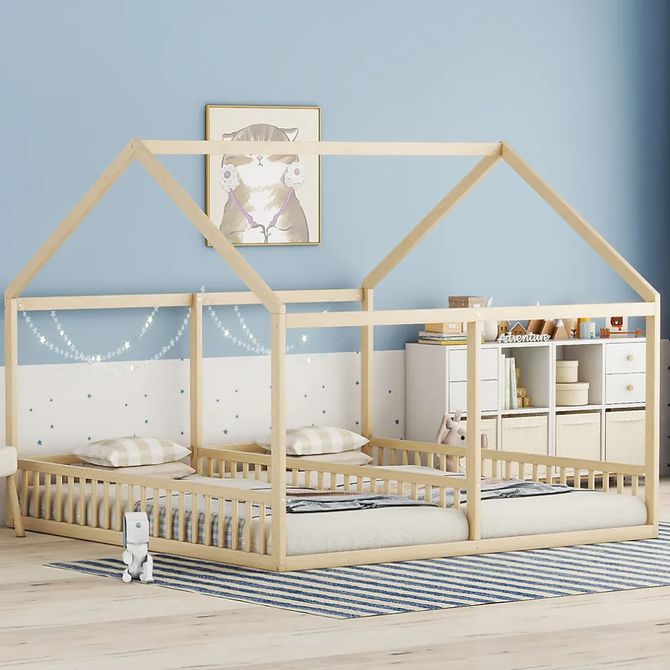 Enfant Redom Lit 90x200 cm 2-en-1 modèle maison en pin et MDF couleur naturelle avec barrières de sécurité et toit décoratif