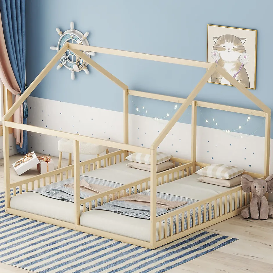 Enfant Redom Lit 90x200 cm 2-en-1 modèle maison en pin et MDF couleur naturelle avec barrières de sécurité et toit décoratif