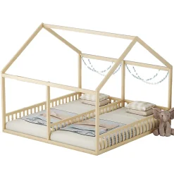 Enfant Redom Lit 90x200 cm 2-en-1 modèle maison en pin et MDF couleur naturelle avec barrières de sécurité et toit décoratif