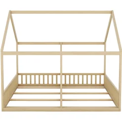 Enfant Redom Lit 90x200 cm 2-en-1 modèle maison en pin et MDF couleur naturelle avec barrières de sécurité et toit décoratif