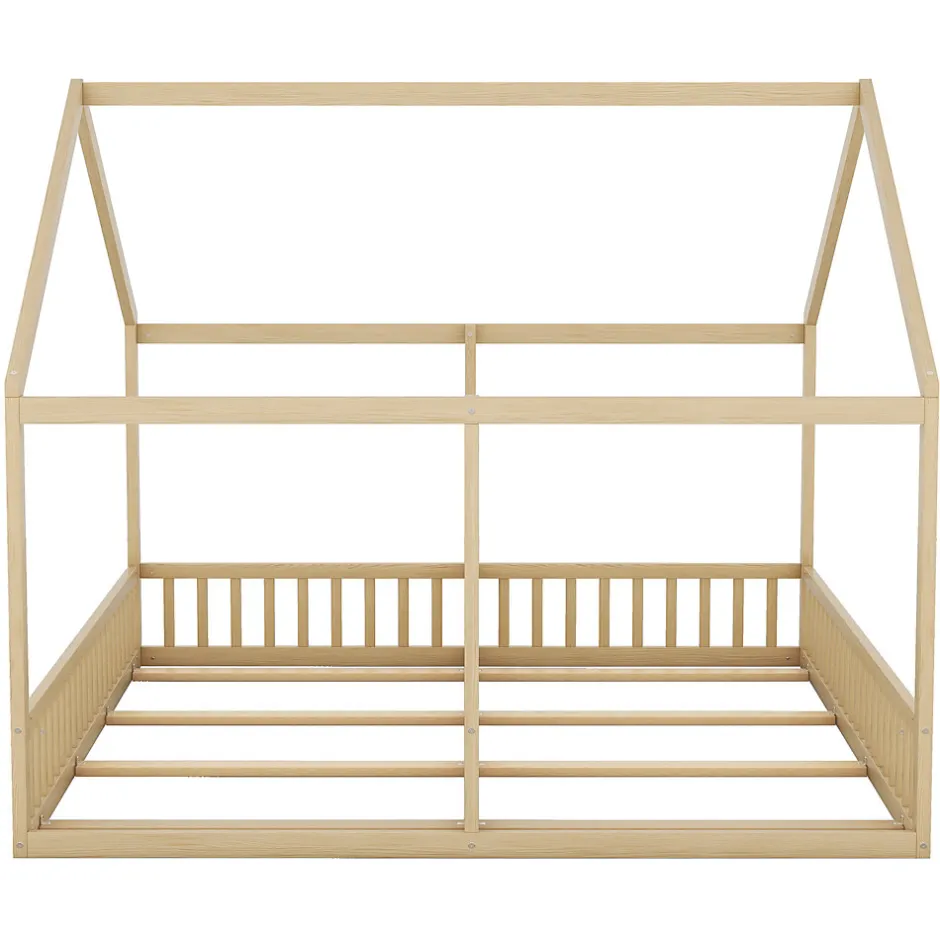 Enfant Redom Lit 90x200 cm 2-en-1 modèle maison en pin et MDF couleur naturelle avec barrières de sécurité et toit décoratif