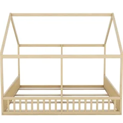 Enfant Redom Lit 90x200 cm 2-en-1 modèle maison en pin et MDF couleur naturelle avec barrières de sécurité et toit décoratif