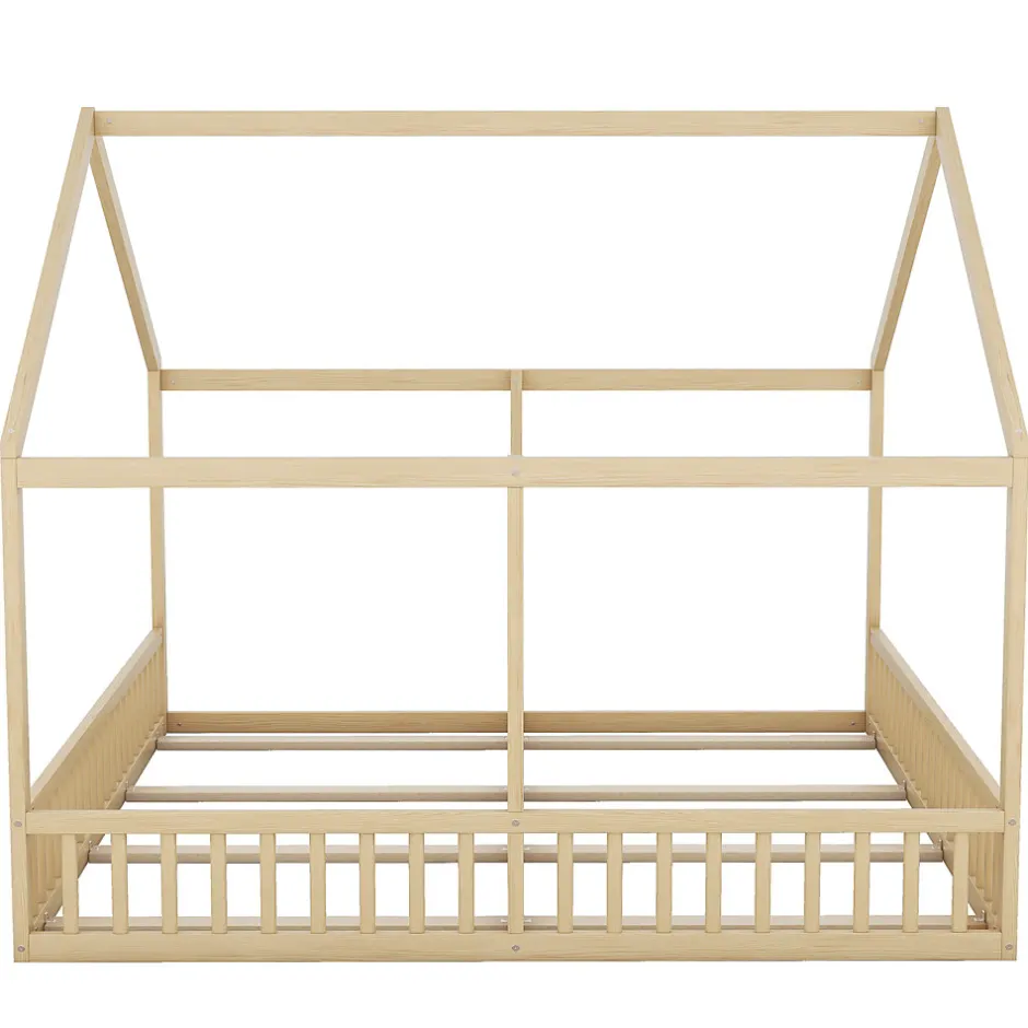 Enfant Redom Lit 90x200 cm 2-en-1 modèle maison en pin et MDF couleur naturelle avec barrières de sécurité et toit décoratif