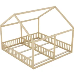 Enfant Redom Lit 90x200 cm 2-en-1 modèle maison en pin et MDF couleur naturelle avec barrières de sécurité et toit décoratif