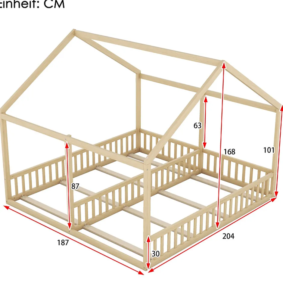 Enfant Redom Lit 90x200 cm 2-en-1 modèle maison en pin et MDF couleur naturelle avec barrières de sécurité et toit décoratif