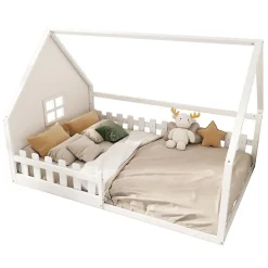 Enfant Redom Lit 140x200 cm en pin et MDF en forme de maison avec barrières, finition blanche, design enfantin moderne
