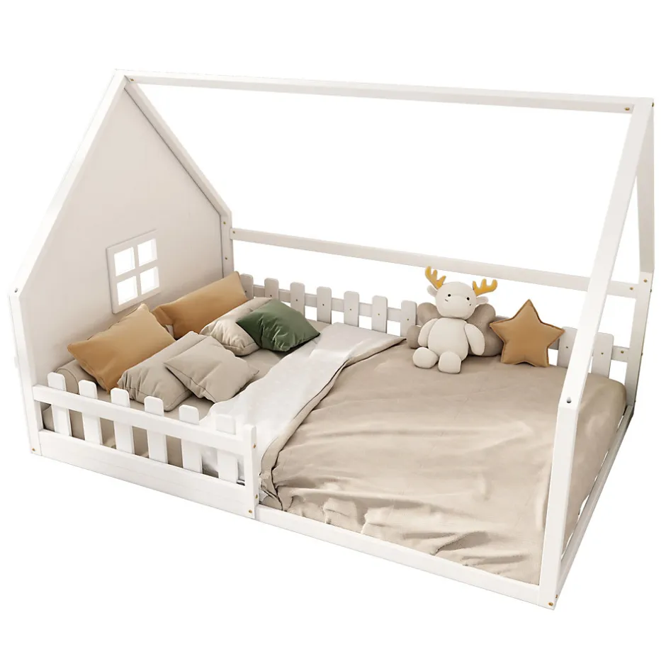 Enfant Redom Lit 140x200 cm en pin et MDF en forme de maison avec barrières, finition blanche, design enfantin moderne