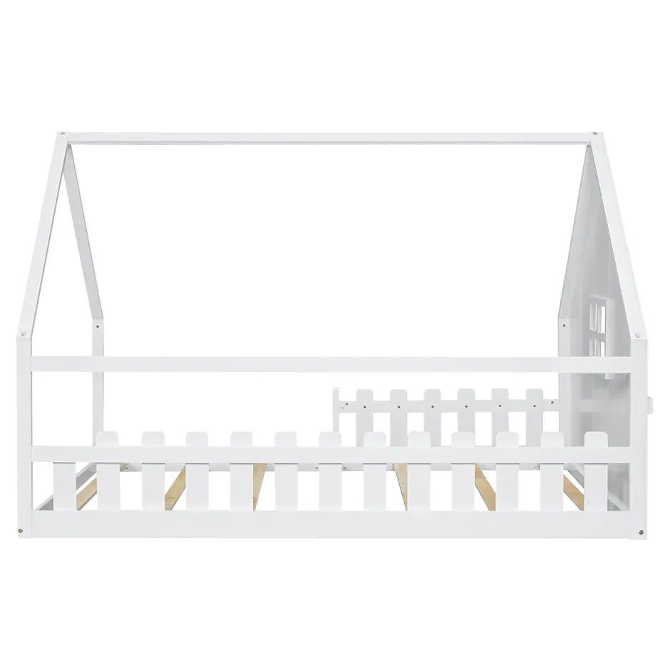 Enfant Redom Lit 140x200 cm en pin et MDF en forme de maison avec barrières, finition blanche, design enfantin moderne