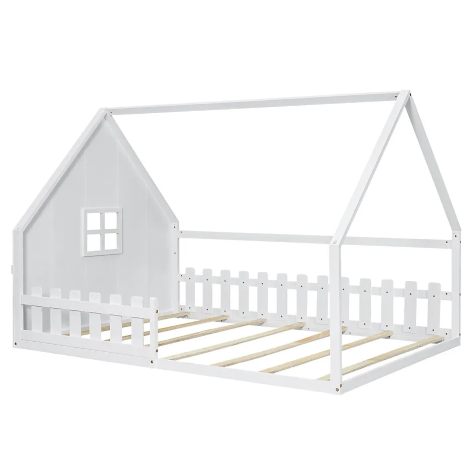 Enfant Redom Lit 140x200 cm en pin et MDF en forme de maison avec barrières, finition blanche, design enfantin moderne