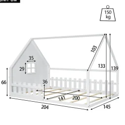 Enfant Redom Lit 140x200 cm en pin et MDF en forme de maison avec barrières, finition blanche, design enfantin moderne