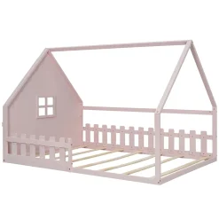 Redom Lit 140x200 cm en pin et MDF forme maisonnette avec garde-corps intégré, coloris rose, design enfant sécurisé Clearance