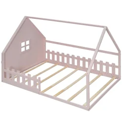 Redom Lit 140x200 cm en pin et MDF forme maisonnette avec garde-corps intégré, coloris rose, design enfant sécurisé Clearance