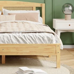 Redom Lit 160x200 cm en pin et rotin PE avec tête de lit décorative, design naturel, 15 lattes et pieds centraux