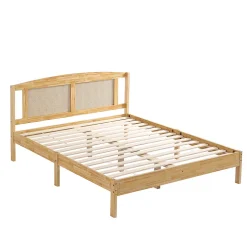 Redom Lit 160x200 cm en pin et rotin PE avec tête de lit décorative, design naturel, 15 lattes et pieds centraux