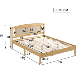 Redom Lit 160x200 cm en pin et rotin PE avec tête de lit décorative, design naturel, 15 lattes et pieds centraux