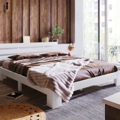 Redom Lit 140x200 cm en pin massif blanc avec rangement sous-lit, design rustique et fonctionnel Sale