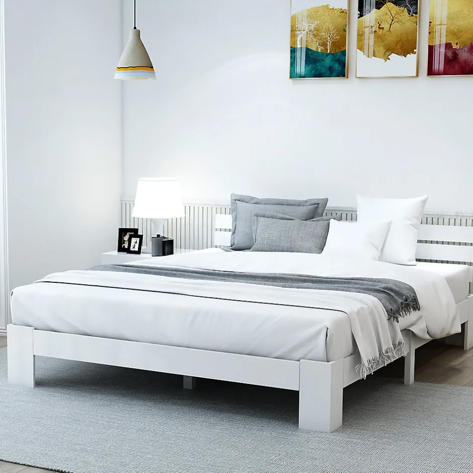 Redom Lit 140x200 cm en pin massif blanc avec rangement sous-lit, design rustique et fonctionnel Sale