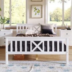 Redom Lit 140x200 cm en pin massif blanc avec 4 tiroirs de rangement et tête de lit en X, design fonctionnel