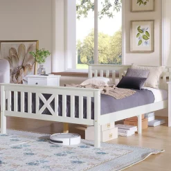 Redom Lit 140x200 cm en pin massif blanc avec 4 tiroirs de rangement et tête de lit en X, design fonctionnel