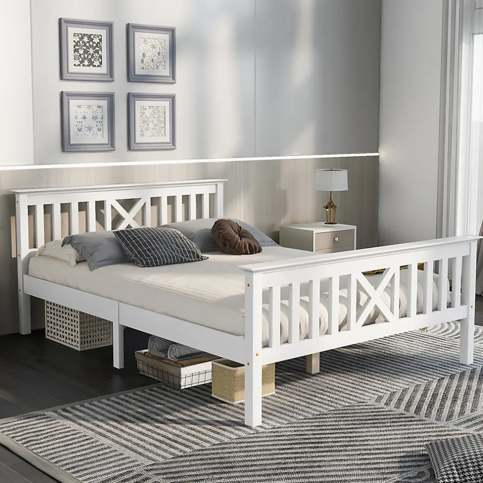 Redom Lit 140x200 cm en pin massif blanc avec 4 tiroirs de rangement et tête de lit en X, design fonctionnel