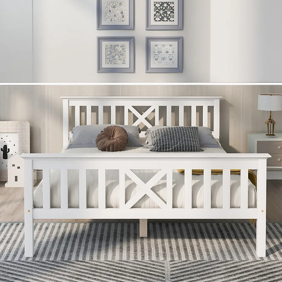 Redom Lit 140x200 cm en pin massif blanc avec 4 tiroirs de rangement et tête de lit en X, design fonctionnel