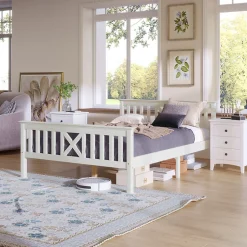 Redom Lit 140x200 cm en pin massif blanc avec 4 tiroirs de rangement et tête de lit en X, design fonctionnel