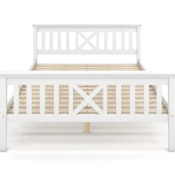 Redom Lit 140x200 cm en pin massif blanc avec 4 tiroirs de rangement et tête de lit en X, design fonctionnel