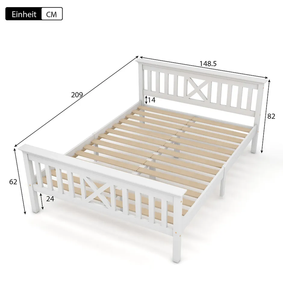 Redom Lit 140x200 cm en pin massif blanc avec 4 tiroirs de rangement et tête de lit en X, design fonctionnel
