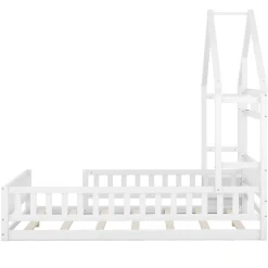Redom Lit 140x200 cm en pin massif blanc avec tête de lit en forme de maison et table de chevet intégrée Clearance