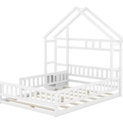 Redom Lit 140x200 cm en pin massif blanc avec tête de lit en forme de maison et table de chevet intégrée Clearance