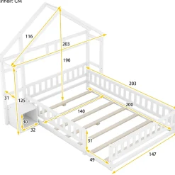 Redom Lit 140x200 cm en pin massif blanc avec tête de lit en forme de maison et table de chevet intégrée Clearance
