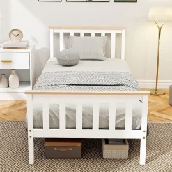 Redom Lit 90x200 cm en pin massif blanc avec rangement sous le sommier, design naturel et silencieux
