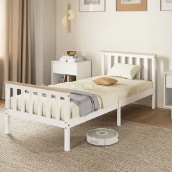 Redom Lit 90x200 cm en pin massif blanc avec rangement sous le sommier, design naturel et silencieux