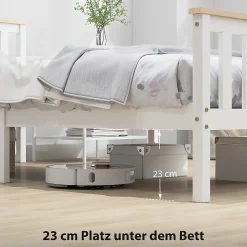 Redom Lit 90x200 cm en pin massif blanc avec rangement sous le sommier, design naturel et silencieux