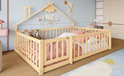 Redom Lit 140x190 cm en pin naturel avec balustrade 32 cm et serrure, style maisonnette pour enfant Hot