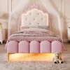 Redom Lit 90x200 cm en PU rose avec tête de lit couronnée et éclairage LED d'ambiance réglable, sommier à lattes
