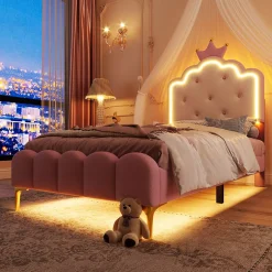 Redom Lit 90x200 cm en PU rose avec tête de lit couronnée et éclairage LED d'ambiance réglable, sommier à lattes