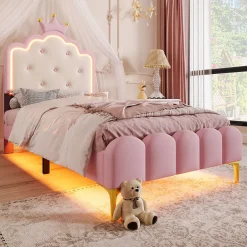 Redom Lit 90x200 cm en PU rose avec tête de lit couronnée et éclairage LED d'ambiance réglable, sommier à lattes