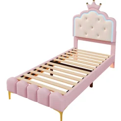Redom Lit 90x200 cm en PU rose avec tête de lit couronnée et éclairage LED d'ambiance réglable, sommier à lattes
