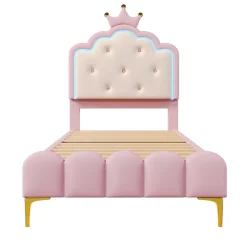 Redom Lit 90x200 cm en PU rose avec tête de lit couronnée et éclairage LED d'ambiance réglable, sommier à lattes