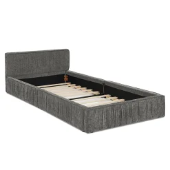 Redom Lit 90x200 cm en tissu chenille Dark Gray, plis décoratifs, bois d'eucalyptus et cadre métal stable Clearance