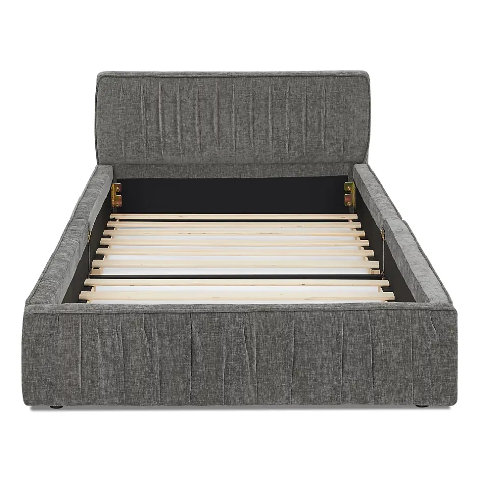 Redom Lit 90x200 cm en tissu chenille Dark Gray, plis décoratifs, bois d'eucalyptus et cadre métal stable Clearance