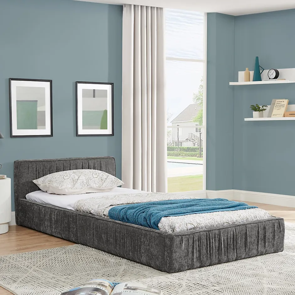 Redom Lit 90x200 cm en tissu chenille Dark Gray, plis décoratifs, bois d'eucalyptus et cadre métal stable Clearance