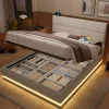 Redom Lit 180x200 cm en velours beige avec tête de lit réglable, éclairage LED dimmable et grand rangement