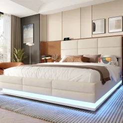 Redom Lit 180x200 cm en velours beige avec tête de lit réglable, éclairage LED dimmable et grand rangement