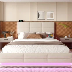 Redom Lit 180x200 cm en velours beige avec tête de lit réglable, éclairage LED dimmable et grand rangement