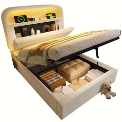 Redom Lit 90x200 cm en velours beige avec tête de lit réglable et rangement hydropneumatique au design contemporain Outlet