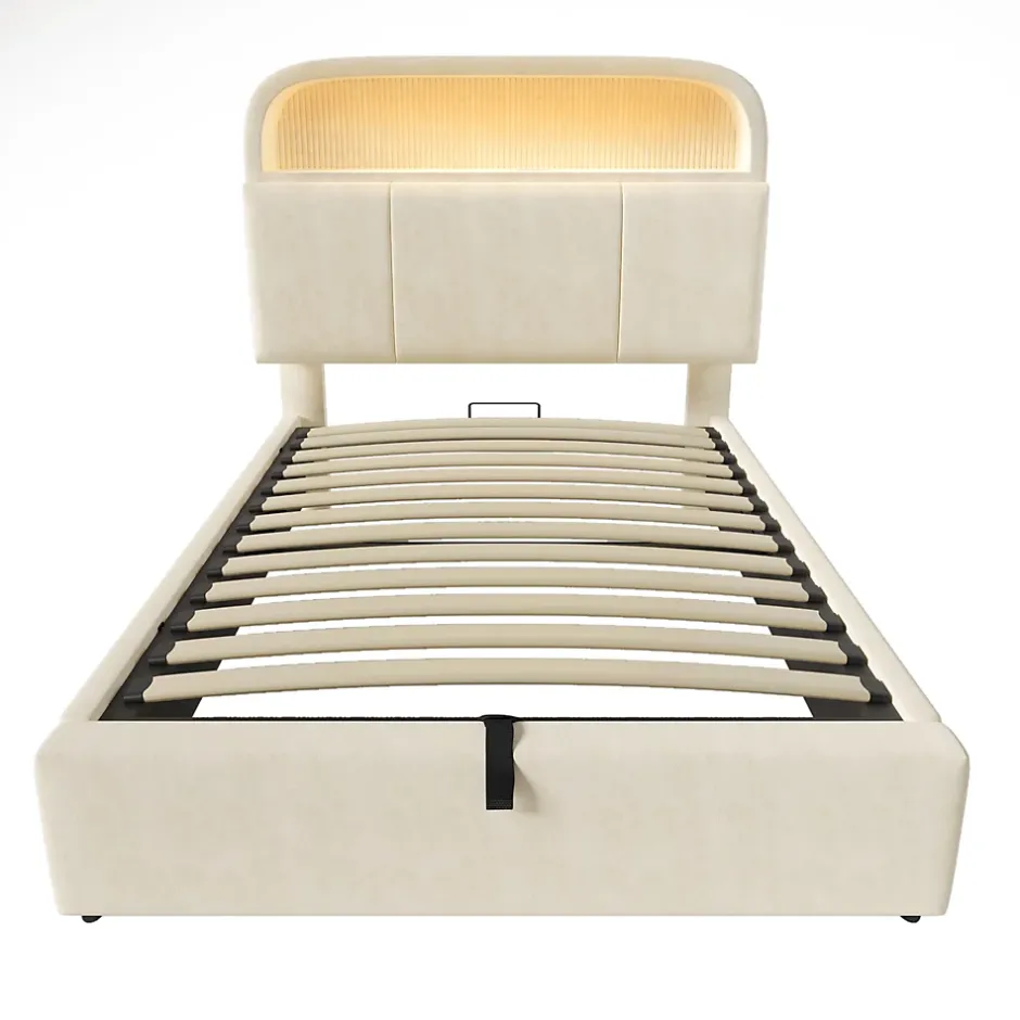 Redom Lit 90x200 cm en velours beige avec tête de lit réglable et rangement hydropneumatique au design contemporain Outlet