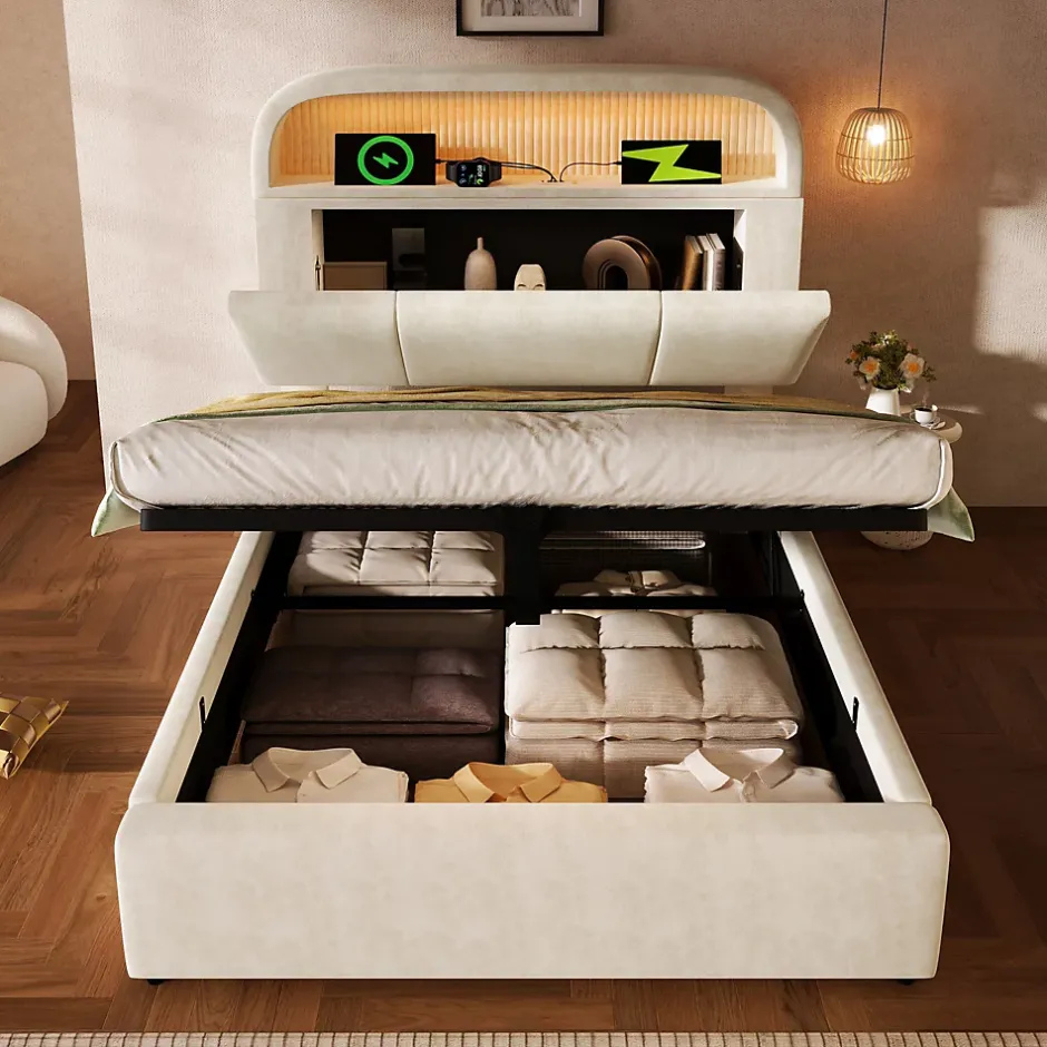 Redom Lit 90x200 cm en velours beige avec tête de lit réglable et rangement hydropneumatique au design contemporain Outlet