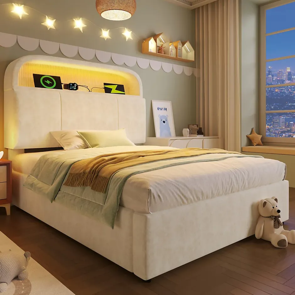 Redom Lit 90x200 cm en velours beige avec tête de lit réglable et rangement hydropneumatique au design contemporain Outlet
